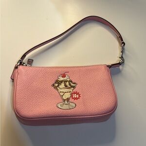 Coach Pink Pebbled Leather Shoulder Bag with Cartoon Patch